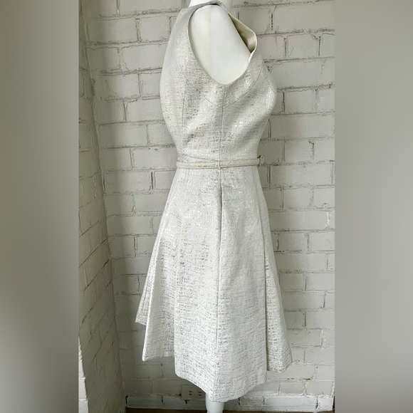WHBM Silver, Metallic, Jacquard, Belted, Fit-and-Flare Cocktail Dress - Size 00 - Picture 3 of 16